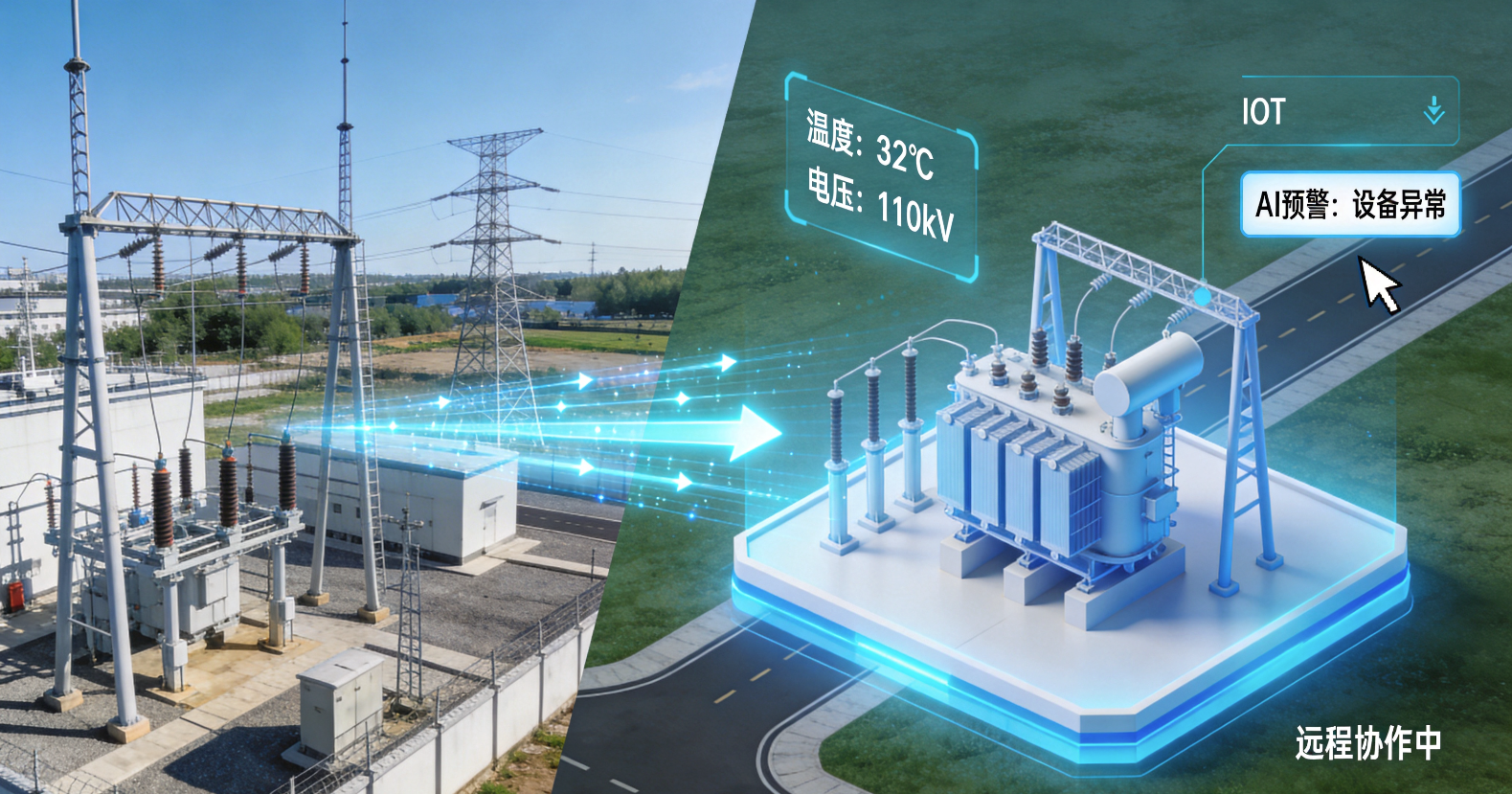 物理变电站与数字孪生模型通过数据流连接,实现状态实时映射与智能分析。